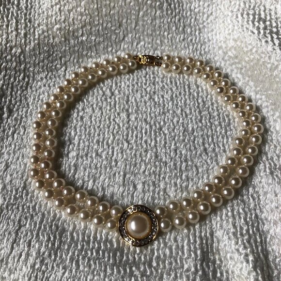 Faux Pearl (Cream) and Rhinestone Orb Choker Necklace with Gold-Tone setting - Picture 2 of 5